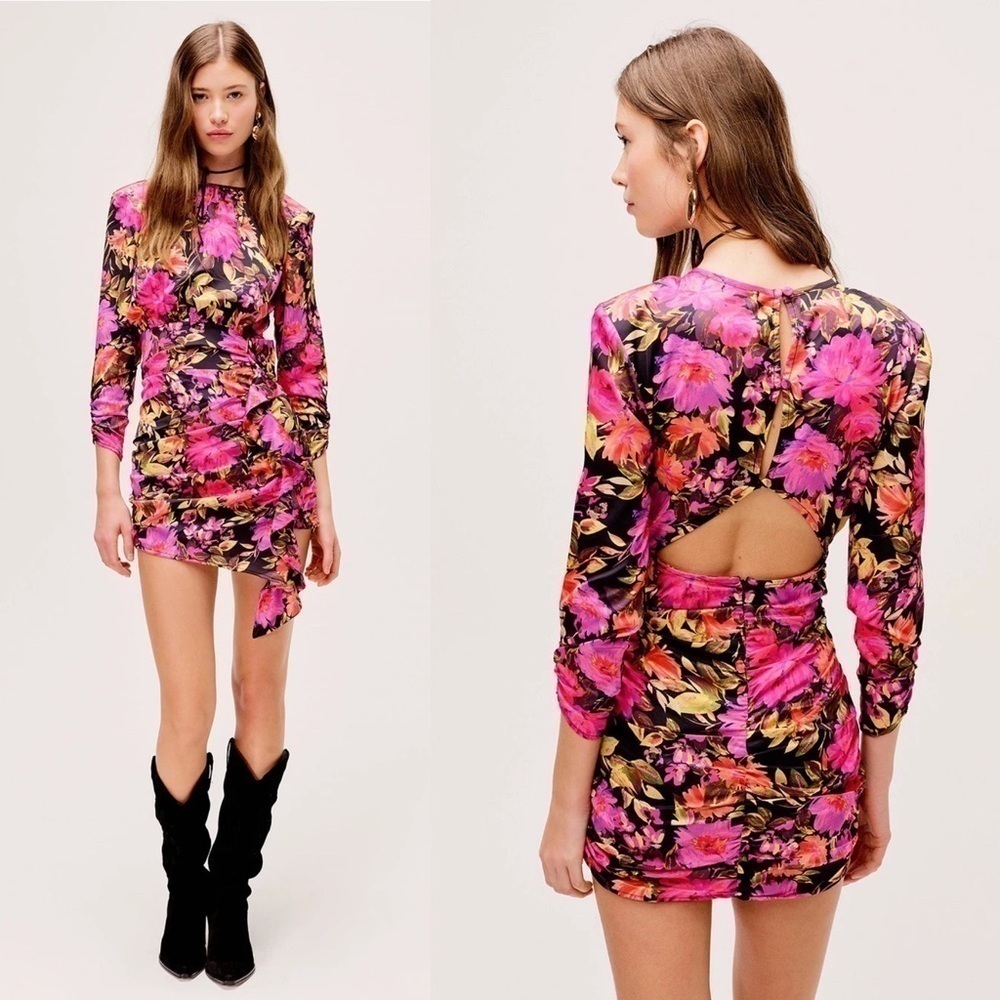 For Love & Lemons Dakota Long‎ Sleeve Ruched Floral Mini Dress Small NWT